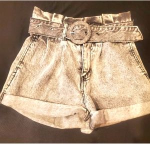 Forever 21 Black Denim Paper Bag High Waisted Belted Jean Shorts Sz Small